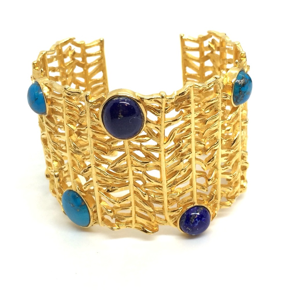 GOLD TONE CUFF BRACELET LAPIS TURQUOISE GEM STONE GOLD PLATE OPEN WORK BRUTALIST